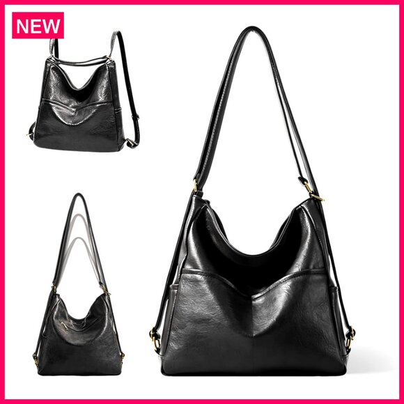 Handbags - Large Vegan Leather Convertible Backpack Tote Bag with Multiple Pockets